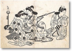 Картина Самурай с куртизанкой и присутствующий при этом слуга.