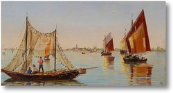 Картина Басино-ди-Сан-Марко в Венеции.Рыбаки на венецианской лагуне (пар