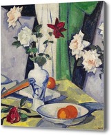 Купить картину Натюрморт с розами в бело голубой вазе