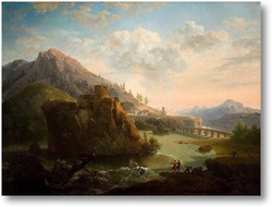 Картина Горный пейзаж с замком и фигурами рядом с рекой