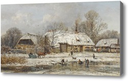 Картина Зимний пейзаж деревни