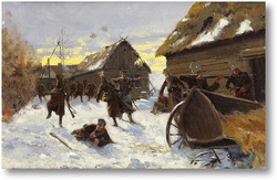 Картина Военное сражение в снежной деревне
