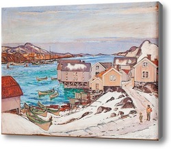 Картина Рыбацкая деревня в зимний период.