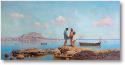 Картина .Дети на рыбалке в заливе Палермо, на фоне горы Пеллегрино