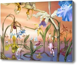 Картина Фламинго в саду орхидей