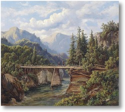 Картина Деревянный мост о горном потоке в 1861