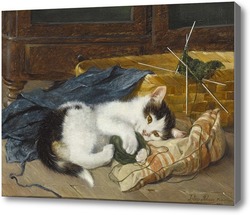 Картина Играя с мячом шерсти ,котенок на голубом одеяле