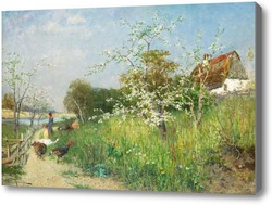 Картина Пейзаж с женщиной, птицами и цветущими фруктовыми деревьями