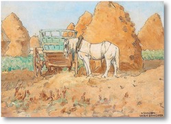 Картина Белая лошадь и стога сена, сцена из Ла Ру,недалеко от Парижа