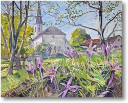 Картина Весенние цветы на фоне церкви
