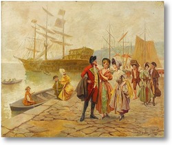 Картина Картина художника XIX века, порт, мужчина, женщина