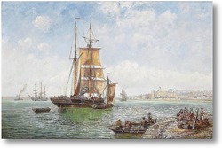 Картина торговый бриг дрейфует в гавани