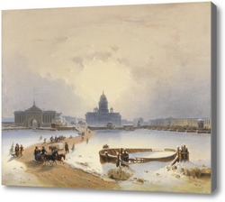 Картина Санкт-Петербург: катание на Санях по Неве с видом на Адмиралтейство, Исаакиевский собор, медный всад