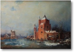 Картина Зимняя сцена с фигцрами на замерзшем озере
