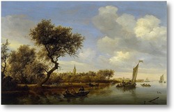Картина Речной пейзаж с церковью в далеке