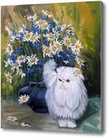 Картина Белый кот и букет ромашек 
