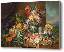 Картина Натюрморт с фруктами,цветами и попугаем