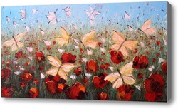 Картина Картина маслом. Маковое поле с бабочками.  Холст 30х60