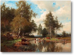 Картина Лесной пейзаж с березами и коровами  на водопое.
