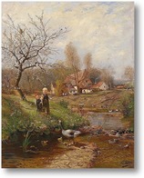 Картина Весенний пейзаж с двумя детьми и гусями