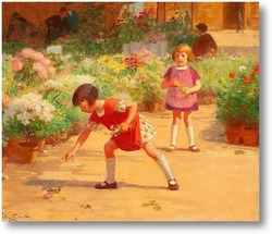 Картина Двое детей собирают цветы