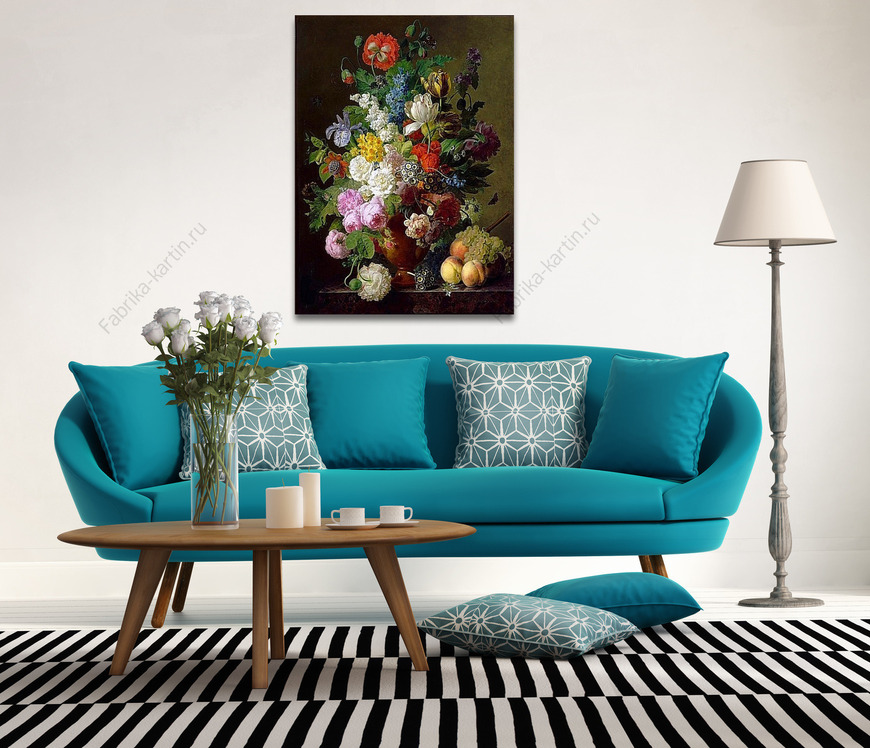 Картина Ваза с цветами, персики и виноград