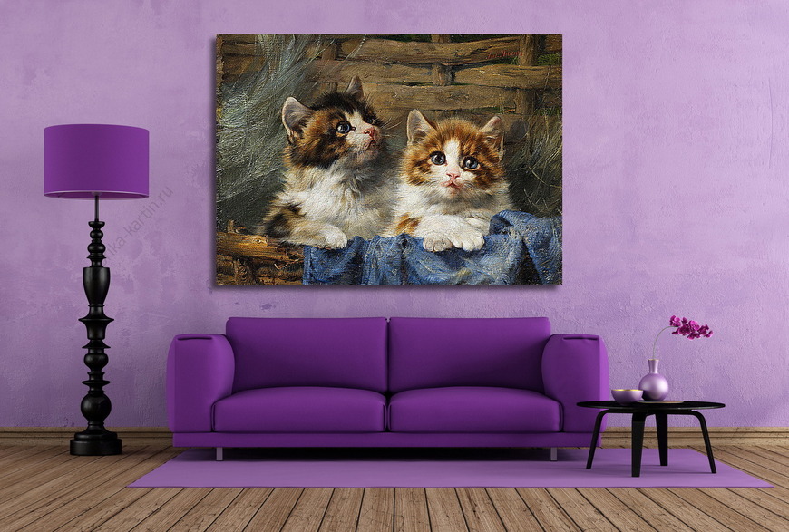 Картина Двое котят в корзине с синей тканью