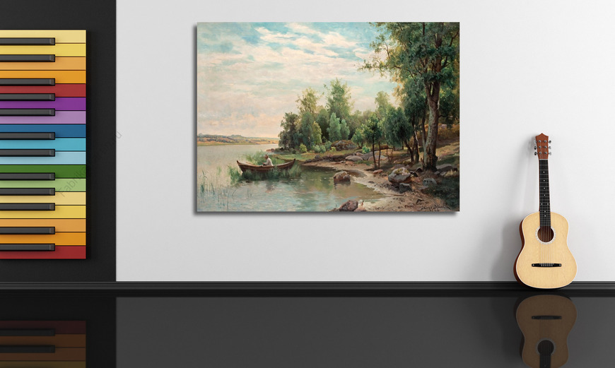 Картина Вид на озеро с рыбалкой человека в лодке.