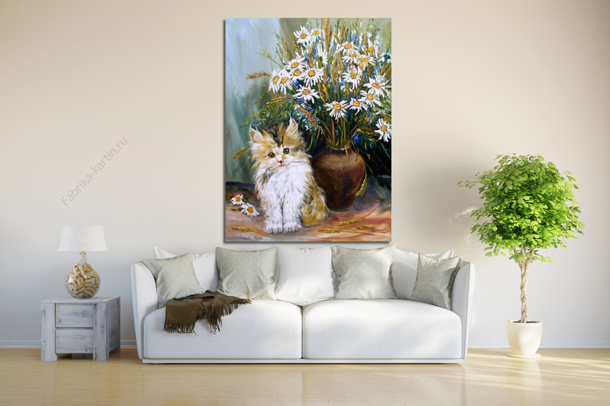 Картина Котёнок с букетом ромашек