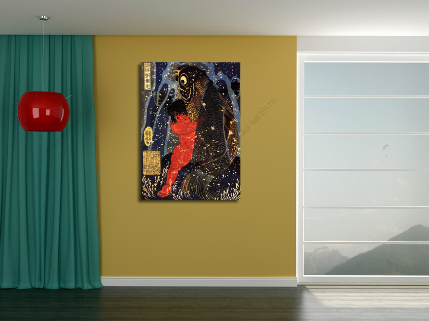 Картина Саката Кинтоки борется с Огромным Карпом в Водопаде