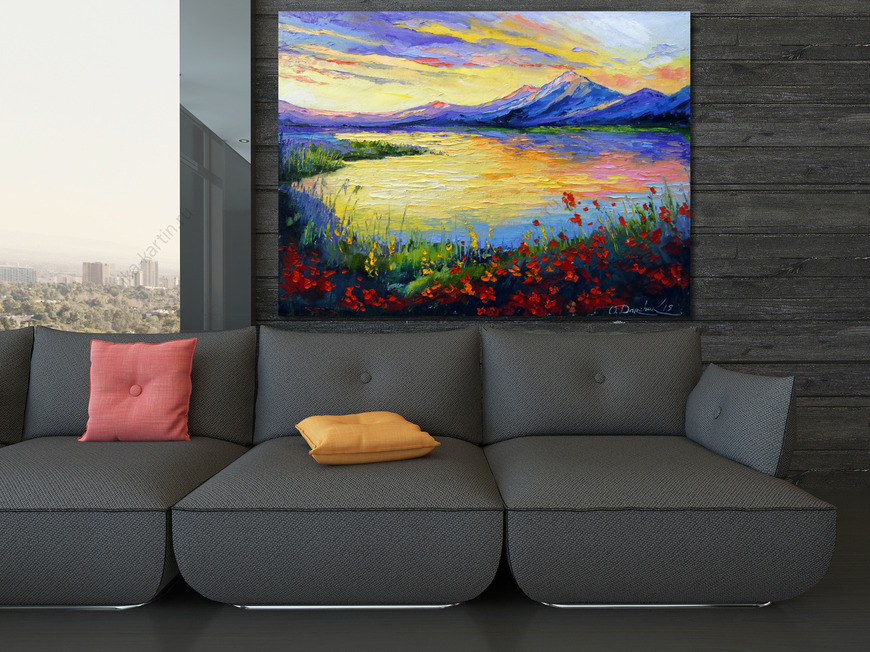 Картина Маки на берегу  озера у гор