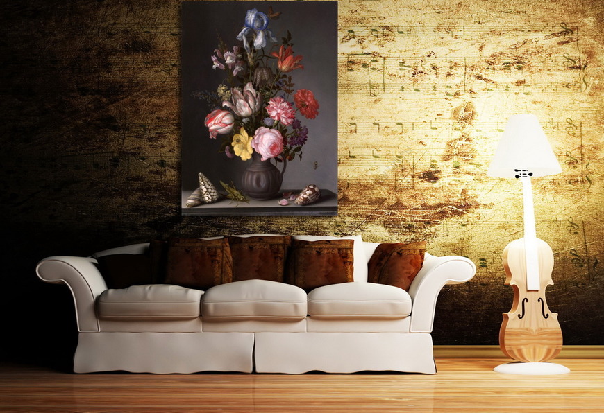 Картина Цветы в Вазе  с раковинами  и насекомыми