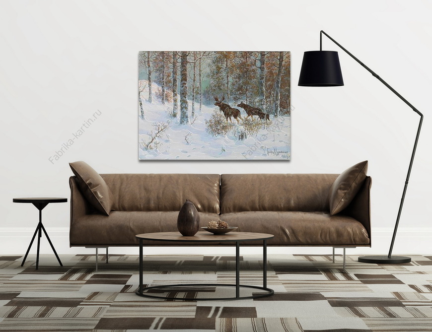 Картина Зимний пейзаж с семьей лосей, Муравьев
