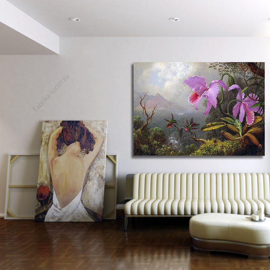 Картина Две колибри на ветке рядом с двумя орхидеями