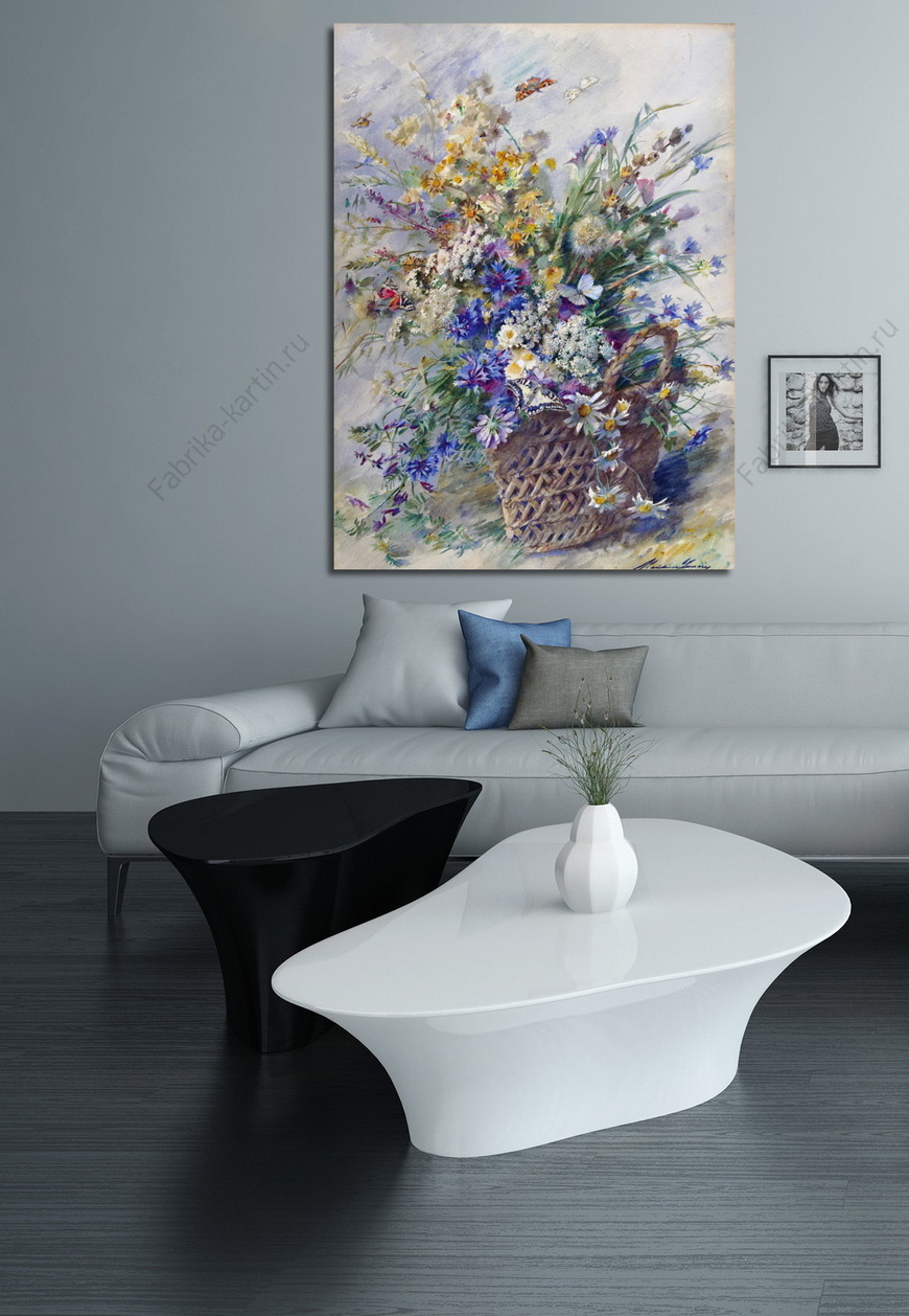 Картина Корзина с полевыми цветами и две бабочки