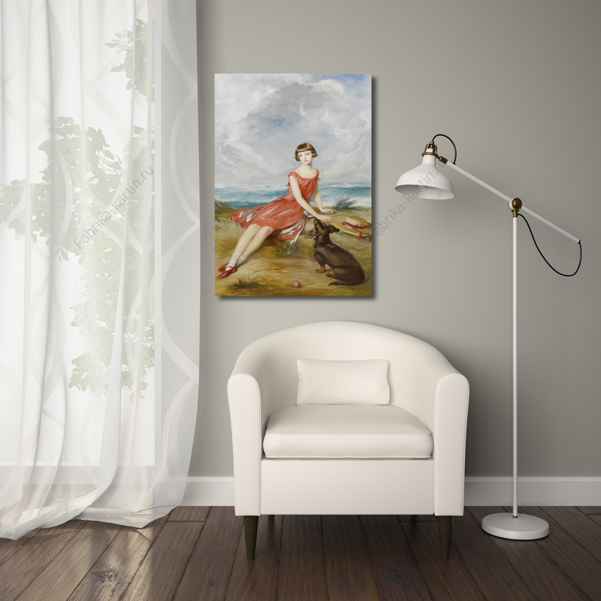 Картина Портрет молодой девушки с ее собакой на берегу моря