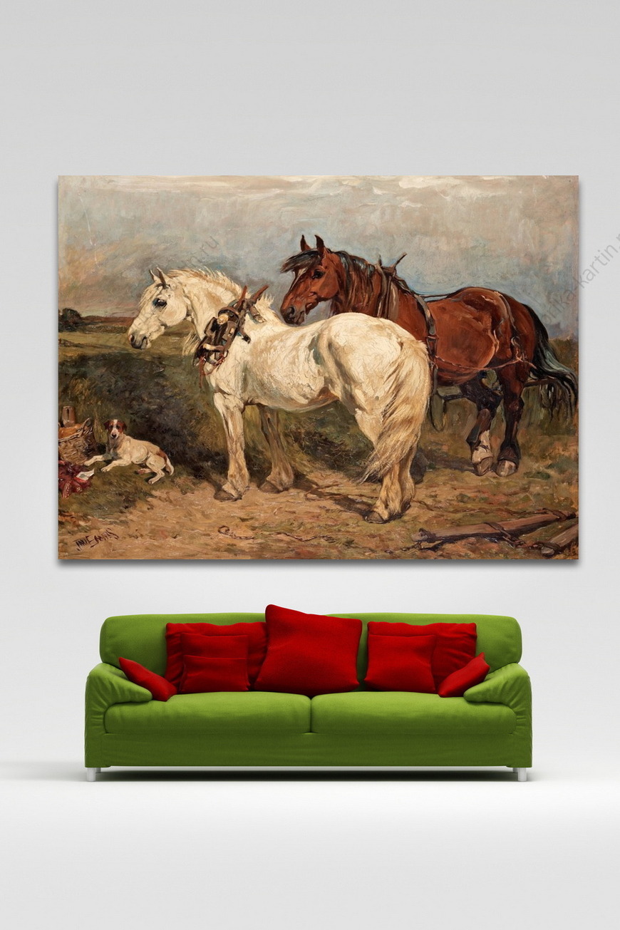Картина Две рабочие лошадки и отдыхающая собака