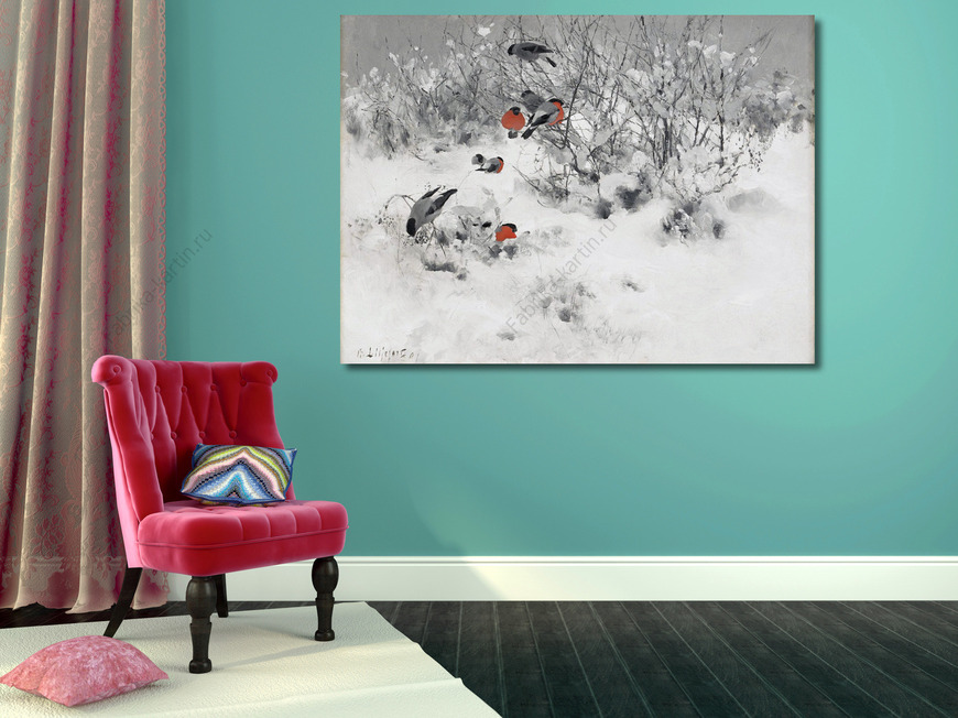 Картина Зимний пейзаж с снегирями