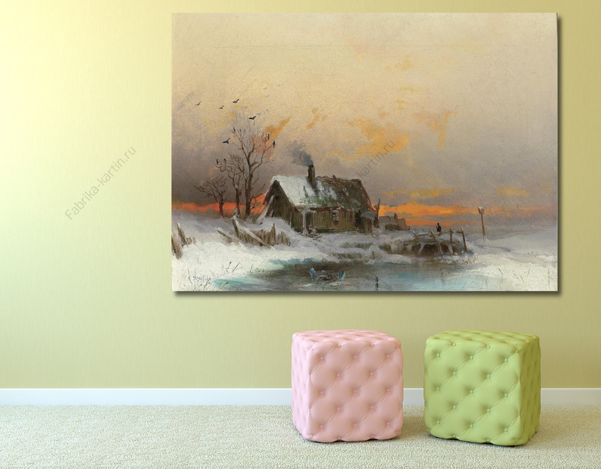 Картина Зимняя картина с коттеджем на реке