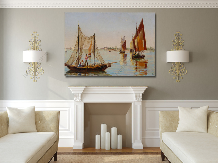 Картина Басино-ди-Сан-Марко в Венеции.Рыбаки на венецианской лагуне (пар